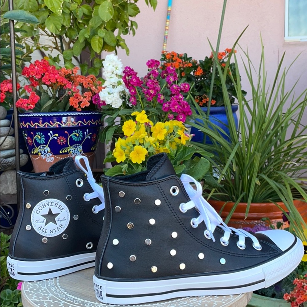 Leather & Silver Studded Converse Hi Tops Sz 7 - Picture 1 of 16